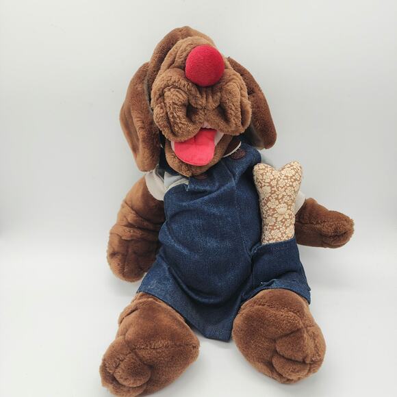 Ganz Bros Wrinkles Brown Dog Hand Puppet 17” Overalls Bone Tag Vintage 1981 - Picture 1 of 11